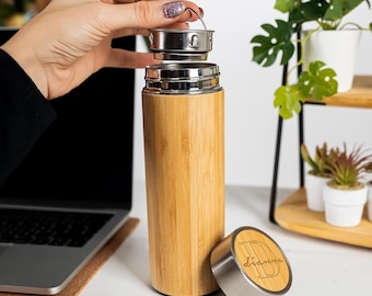 Personalized Bamboo Tumbler with Tea Infuser: Engraved Stainless Steel Travel Mug