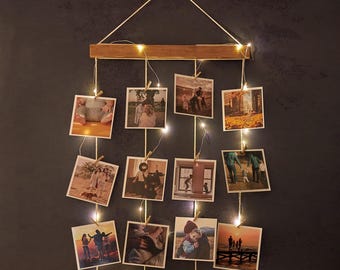 Custom Photo Hanger with String Lights, Holiday Home Wall Decor, Wood Photo Holder, Personalized Photo Display, Picture Frame, Gifts for Her