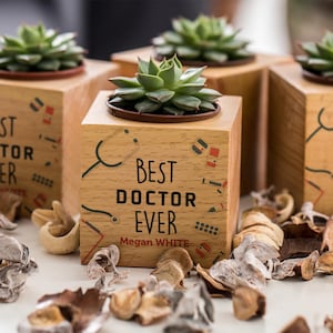 Custom Planter Pots Gift for Doctor, Wood Succulent Plant Pot, Medical Student Doctors Day Gift, Graduation Gift, Clinic Office Desk Decor.