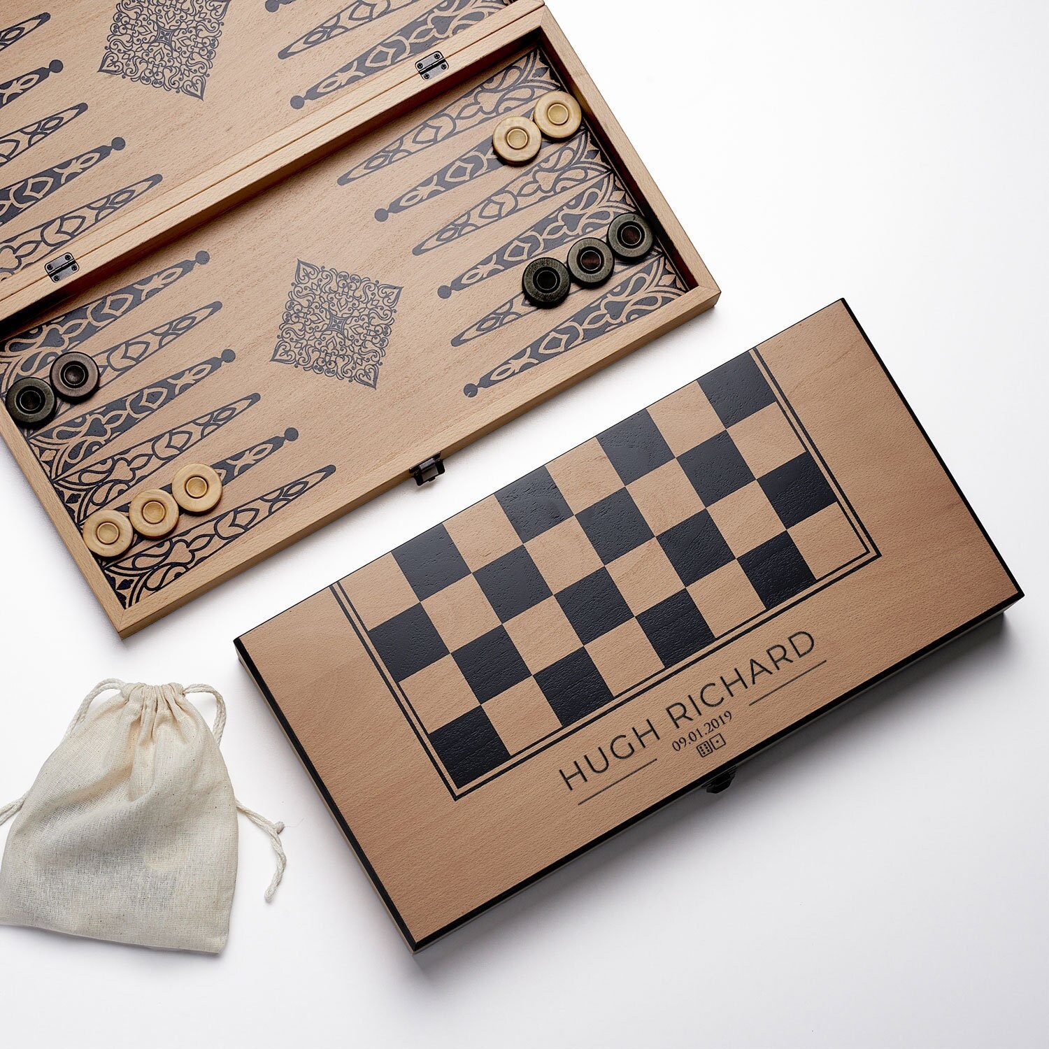Schaaktafel- en backgammonbordspellen, uniek houten schaakspel met dobbelstenen | Gezinsbordspel op maat | Beste vakantie-, kerst-, afstudeercadeau