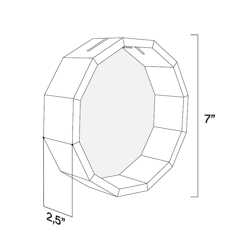 May include: A white octagonal mirror with a 7 inch diameter and a 2.5 inch width.