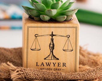Personalized Lawyer Succulent Planter, Custom Wood Flower Pot with Scales of Justice, Unique Office Gift for Lawyers, Legal Professionals.