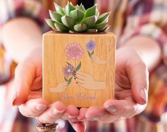 Personalized Wood Planter, Custom Wooden Cube Box, Floral Wooden Succulent Planter, Corporate Appreciation Gift, Gifts for Women, Desk Decor