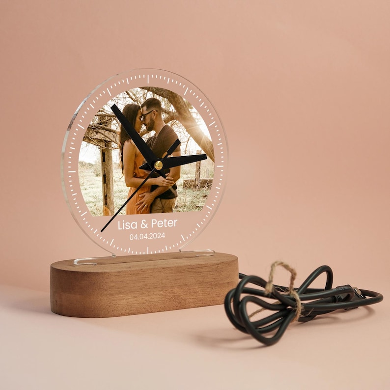 Personalized LED Desk Clock: Photo Night Light, Wood Base - Etsy