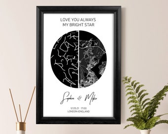Custom Star Map & City Map, Night Sky Map, Gift for Lover, Persosnalized Anniversary Gift for Couples, Gift for Wife, Gift for Her