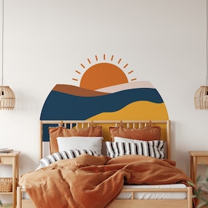 Sonne-Wand-Aufkleber, Bett Bogen Aufkleber, Bogen Kopfteil Wandaufkleber, Boho Sonne Wandaufkleber, Farbe Block Wandaufkleber, Schlafzimmer Berg Wand Aufkleber