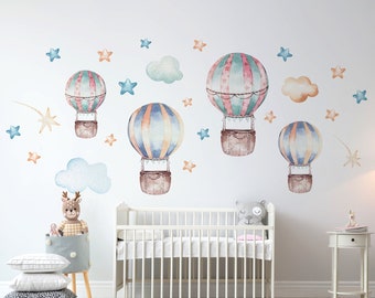 Hot Air Ballon Wall Decal, Watercolor Ballon Decal, Peel And Stick Safari Wall Decal, Nursery Wall Decal, Hot Air Ballon Sticker For Kids