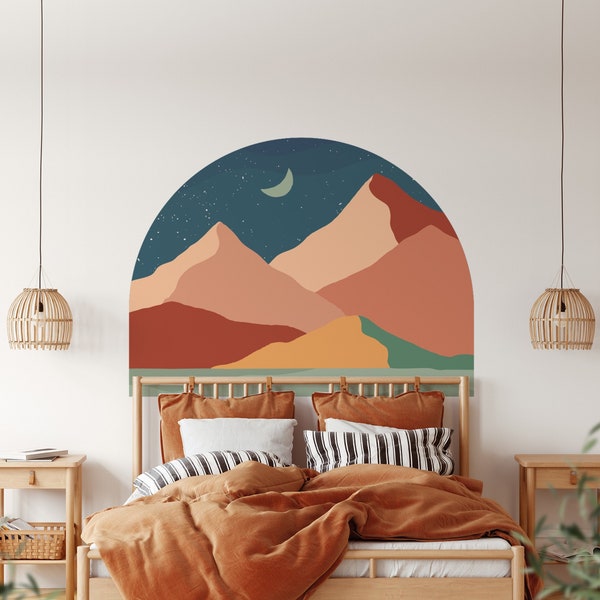 Autocollant de mur de soleil, autocollant d’arche de lit, autocollant de mur de tête de lit d’arche, autocollant de mur de soleil Boho, autocollant de mur de bloc de couleur, autocollant de mur de montagne de chambre à coucher