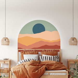 Sun Wall Decal, Bed Arch Sticker, Arch Headboard Wall Decal, Boho Sun Wall Sticker, Color Block Wall Sticker, Bedroom Mountain Wall Decal