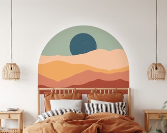 Sun Wall Decal, Bed Arch Sticker, Arch Headboard Wall Decal, Boho Sun Wall Sticker, Color Block Wall Sticker, Bedroom Mountain Wall Decal