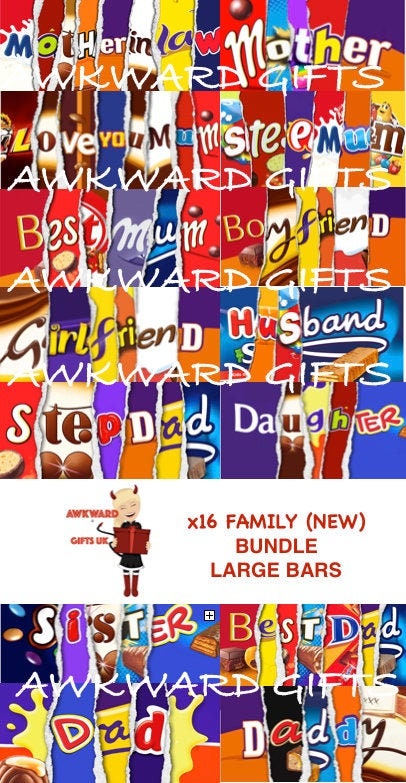 X16 FAMILY (NEW) BUNDLE Printable  Chocolate Bar Wrapper Novelty Joke…