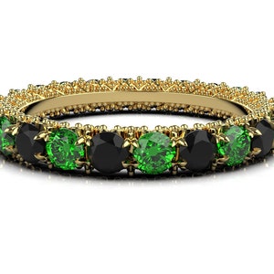14k Gold Genuine High Quality Black Diamond FULL Eternity Band Wedding Band Stack Ring for Women, Natural Green Tsavorite Wedding Band