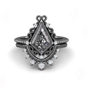 Natural Black Rutile Kite Engagement Ring Set for Love, Vintage art deco Kite Shape Ring Set, Bezel Set Black Rhodium Ring Set, Gift for Her