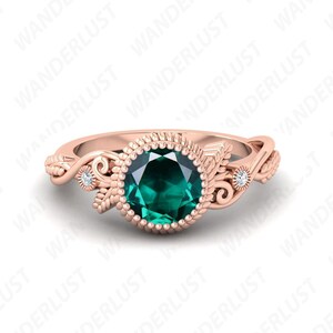 Lab Created Emerald Engagement Gold Ring, Vintage art deco floral Emerald Ring, 925 Rose Gold Wedding Ring for Love, Gift for Anniversary