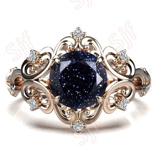 Round Shape Blue Sandstone Engagement Gold Ring, Unique Blue Sandstone Wedding Gold Ring, Vintage Art deco Sandstone Ring for Anniversary