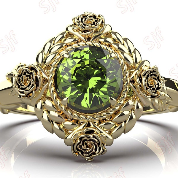 Antique Natural Peridot Engagement ring for Love, Vintage Art Deco Floral Flower Ring for Woman, gift for Anniversary, Gift for Her