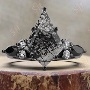 Black Rutilated Quartz Engagement Ring Kite Shaped Black Rutile Ring For Women Black Quartz Kite Shaped Ring Art Deco Kite Engagement Ring