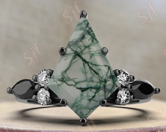 Alternative Engagement Ring Kite Moss Agate Ring, Black Gold Art Deco Ring, Sterling Silver