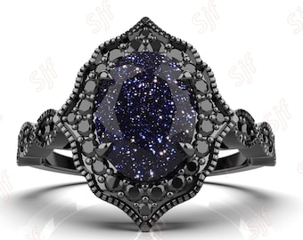 Natural Blue Sandstone Wedding Ring, Vintage Art deco Black Spinal Halo Ring, Solid Black Gold Ring for Love, Vintage art Deco Blue Stone