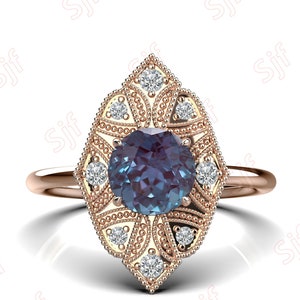 Color Change Alexandrite Engagement Ring, Alexandrite Vintage Art deco Wedding Gold Ring, Unique Color Change stone Ring, Gift for Birthday
