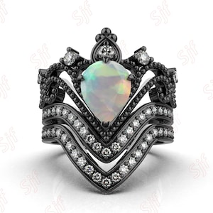 Ethiopian Opal Pear Shape Engagement Ring set, Vintage art deco Floral Opal Bridal Ring set, Opal Black Gold Ring set for Anniversary Gift