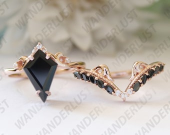 Alternative Engagement Ring Black Onyx Kite Ring Set, Art Deco Floral Sterling Silver
