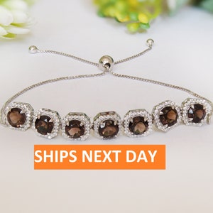 Natural Smokey Quartz Slider Bracelet, Bolo Bracelet For Anniversary Gift, Silver Ready To Ship handmade Bracelet, Halo Bracelet, Mom Gift