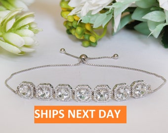 White Topaz Slider Bracelet, Halo Sterling Silver Bolo Bracelet Last Minute Gift