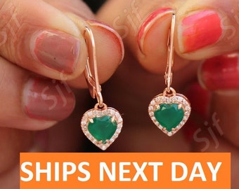 Beautiful Heart 6.00mm Green Onyx Lever Back Earrings, Gift For Her, Dangle Earrings, Onyx Women Jewelry,Halo Earrings,Ready To Ship Earring