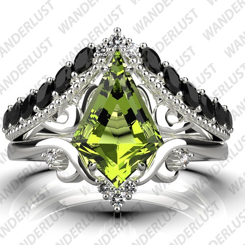 Antique Vintage Art deco shops Peridot Wedding Ring set, Black Gold Kite Shape Bridal Ring set, Peridot Kite Shape Engagement Ring set for Woman