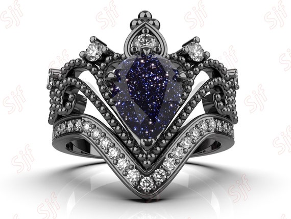 Alternative Engagement Ring Vintage Pear Blue Sandstone Ring Set, Black Gold Crown, Sterling Silver