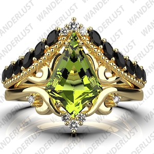 Antique Vintage Art deco Peridot Wedding Ring set, Black Gold Kite Shape Bridal Ring set, Peridot Kite Shape Engagement Ring set for Woman