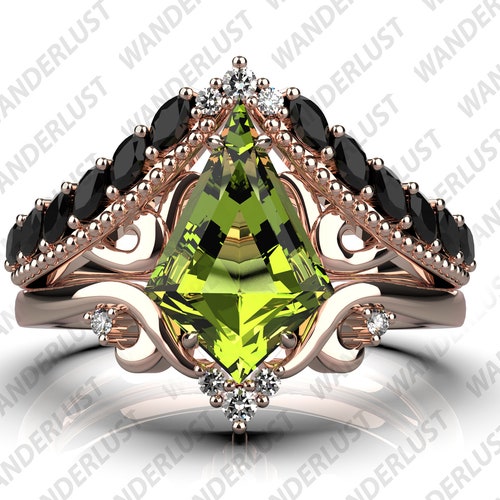 Antique Vintage Art deco shops Peridot Wedding Ring set, Black Gold Kite Shape Bridal Ring set, Peridot Kite Shape Engagement Ring set for Woman