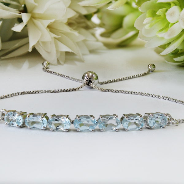 Oval Natural Aquamarine Slider Bolo Bracelet, Solid 925 Silver Ready To ship Bracelet For Gift, Next day Shipping Jewelry, Mother's day Gift