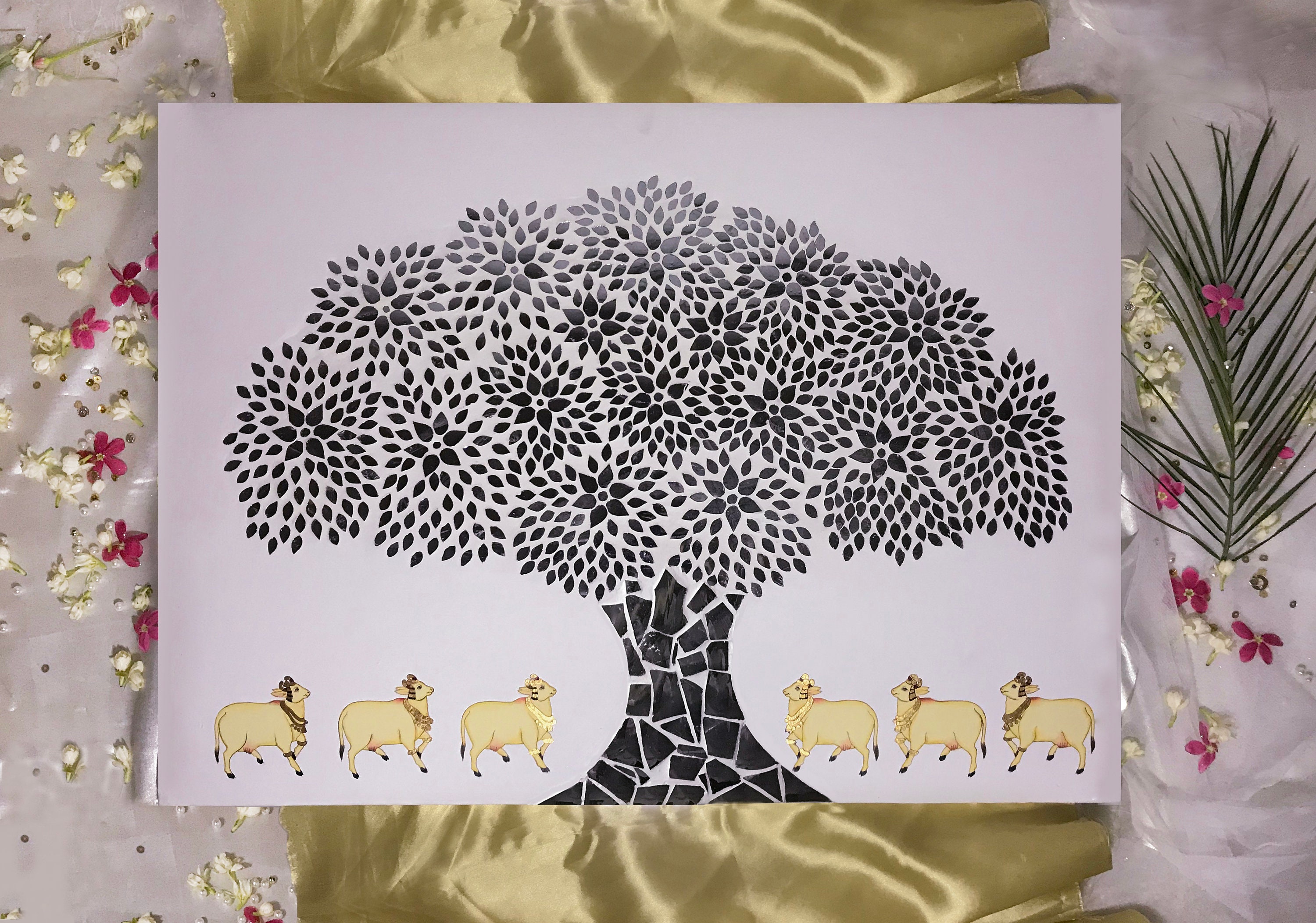 Arbre Bargad à Thikri, Arbre de Vie, Kamdhenu, Fabriqué La Main, Intérieurs Luxe , Décoration Murale