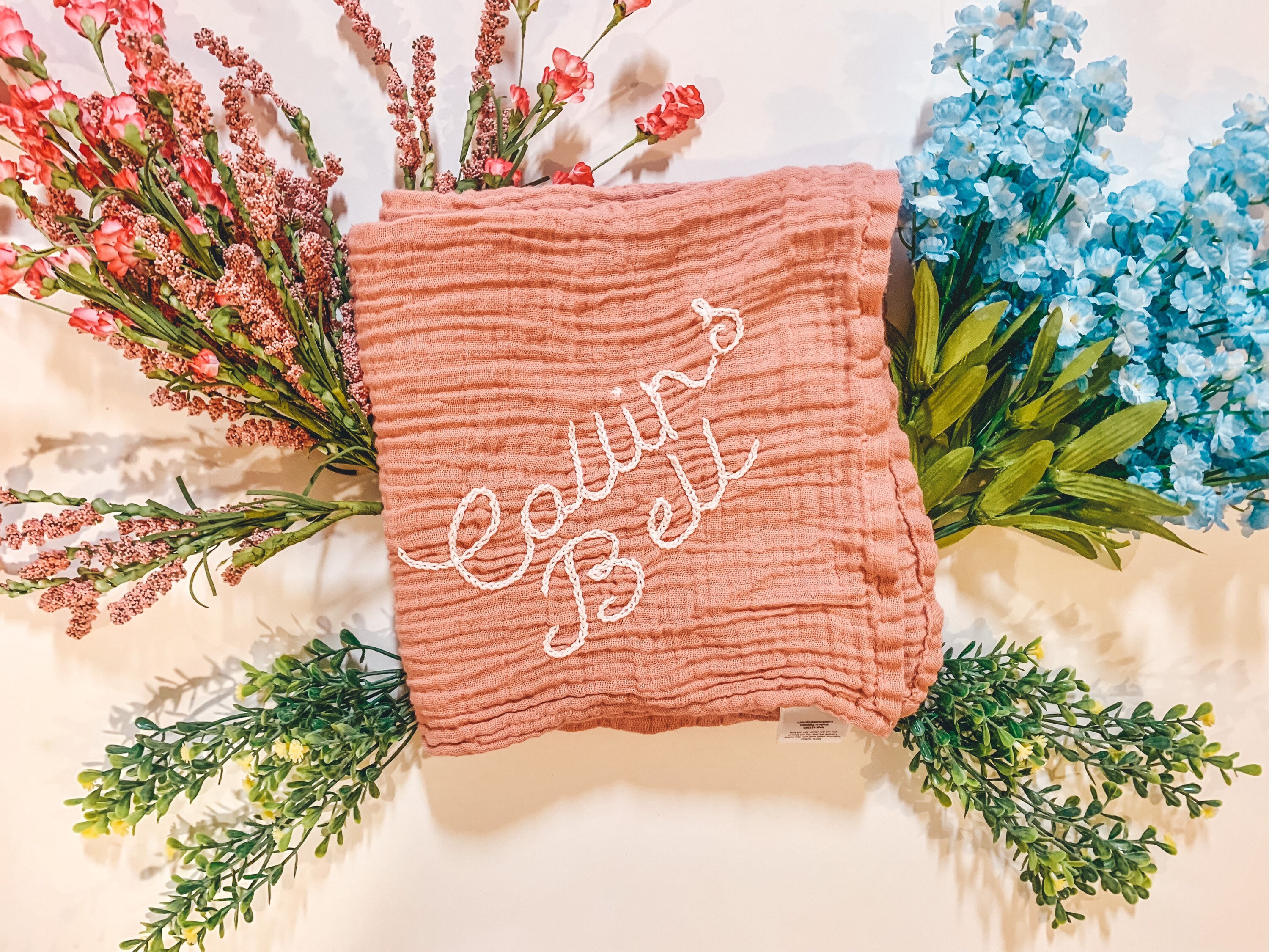 BLUSHCustom hand embroidered muslin swaddle name Etsy