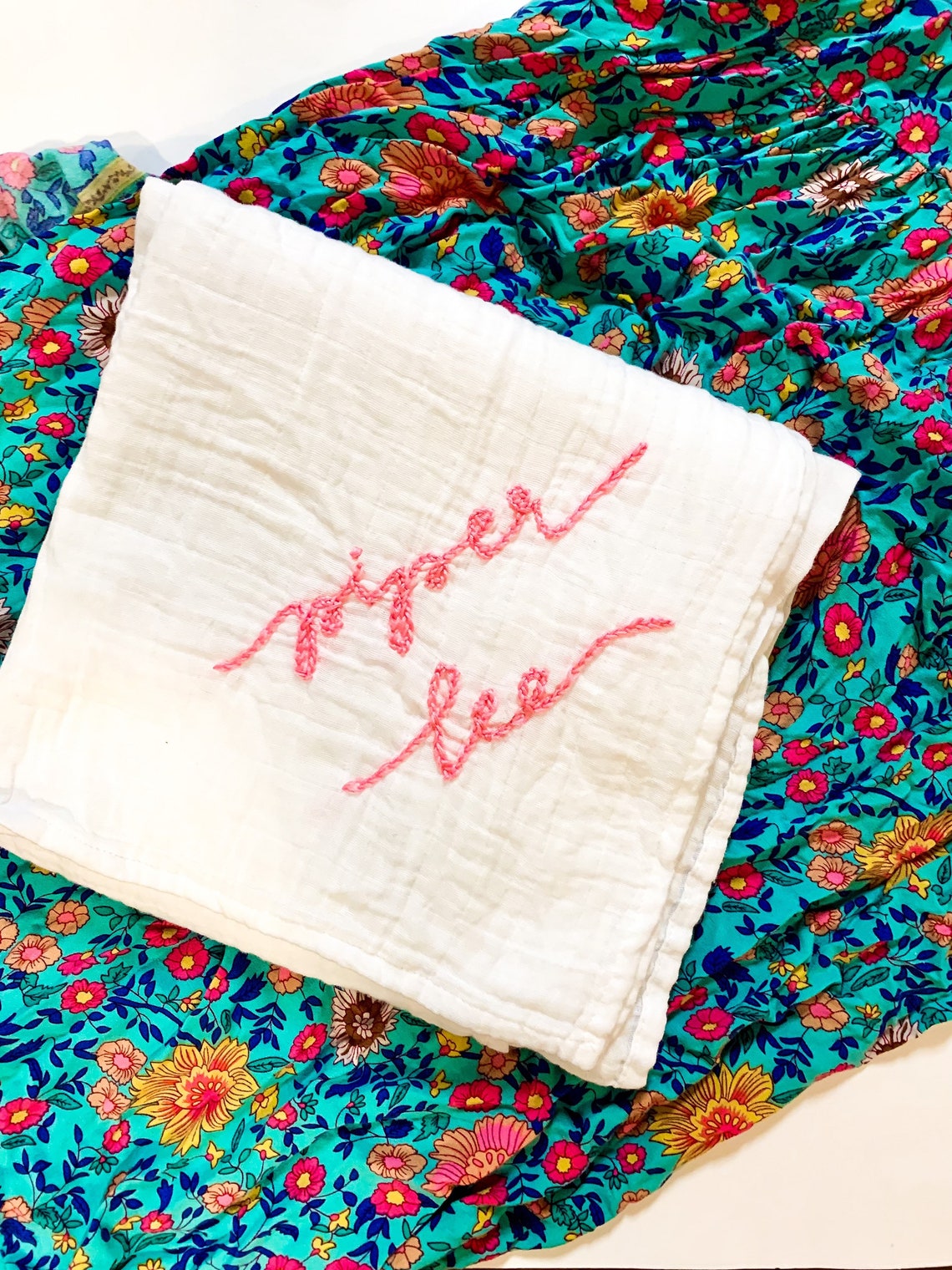 Whitecustom. Hand Embroidered Muslin Swaddle, Name Announcement, Baby