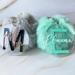 Personalised Name Keyring with Pom Pom, Faux Fur Custom Keychain, Name Plush Keyring, Custom Name Fluffy Pompom Keyring, Gift For her