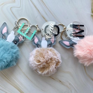 Personalised Fluffy Dog Pom Pom Keyring, Custom French Bulldog Name Keychain, Custom Name Plush Keyring, Personalised Cute Dog Keychain