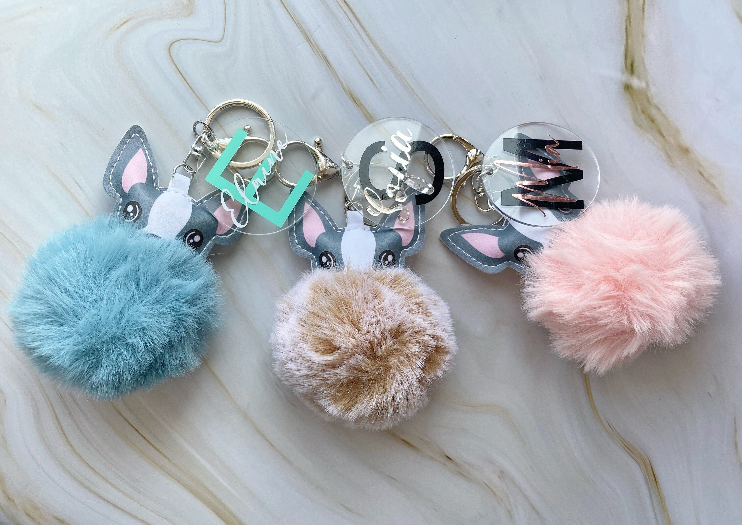 Personalised Fluffy Dog Pom Pom Keyring Custom French Bulldog Name Keychain Custom Name Plush Keyring Personalised Cute Dog Keychain Etsy