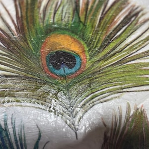 May include: Close-up of a peacock feather with a green, blue, and yellow eye. The feather is printed on a white background.