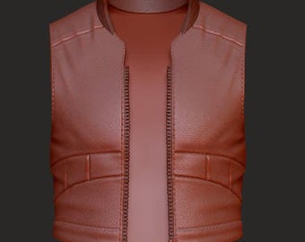 May include: A reddish-brown leather vest with a high collar and a full-length zipper. The vest has a textured surface and features two rectangular pockets on the front. The design is a classic style, suitable for various outfits.