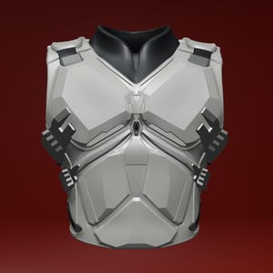 Op de afbeelding: Een futuristisch ogend, lichtgrijs borstpantser met zwarte accenten. Het pantser heeft een hoge kraag en is samengesteld uit geometrische vormen en panelen. Zwarte rechthoekige bevestigingen aan de zijkanten suggereren een high-tech of sci-fi thema.