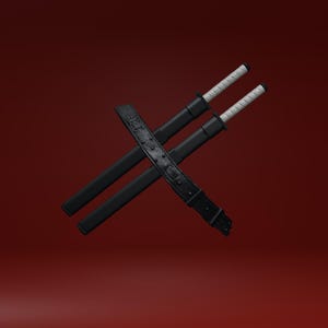 May include: Two black katana swords with white handles and a black leather sheath are crossed against a dark red background. The swords are angled, and the sheath has a textured surface with a buckle.