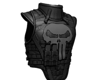 May include: Black tactical vest featuring a skull emblem on the chest. The vest has a high collar, shoulder pads, and multiple pockets. The design is detailed with textured fabric and stitching, creating a rugged appearance. This vest is suitable for cosplay or costume use.