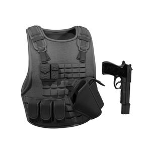 May include: A tactical vest and a handgun. The vest is gray with multiple pouches and straps. The handgun is black with a detailed design on the slide. The holster is black.