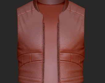 May include: A reddish-brown leather vest with a high collar and a full-length zipper. The vest has a textured surface and features two rectangular pockets on the front. The design is a classic style, suitable for various outfits.