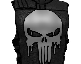May include: Black tactical vest with a silver skull emblem. The vest features a textured fabric, padded shoulders, and adjustable side straps. The skull design has a dripping effect, adding a unique visual element to the vest.