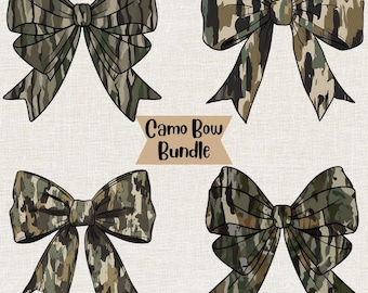 May include: Four digital illustrations of camouflage patterned bows. The bows are in different positions and have a brown and green color scheme. The text "Camo Bow Bundle" is at the bottom of the image.