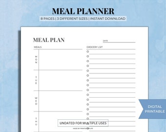 May include: A white meal planner with the text "MEAL PLANNER" at the top. The planner includes sections for meals and a grocery list, with the days of the week listed vertically. The text "UNDATED FOR MULTIPLE USES" is also visible.